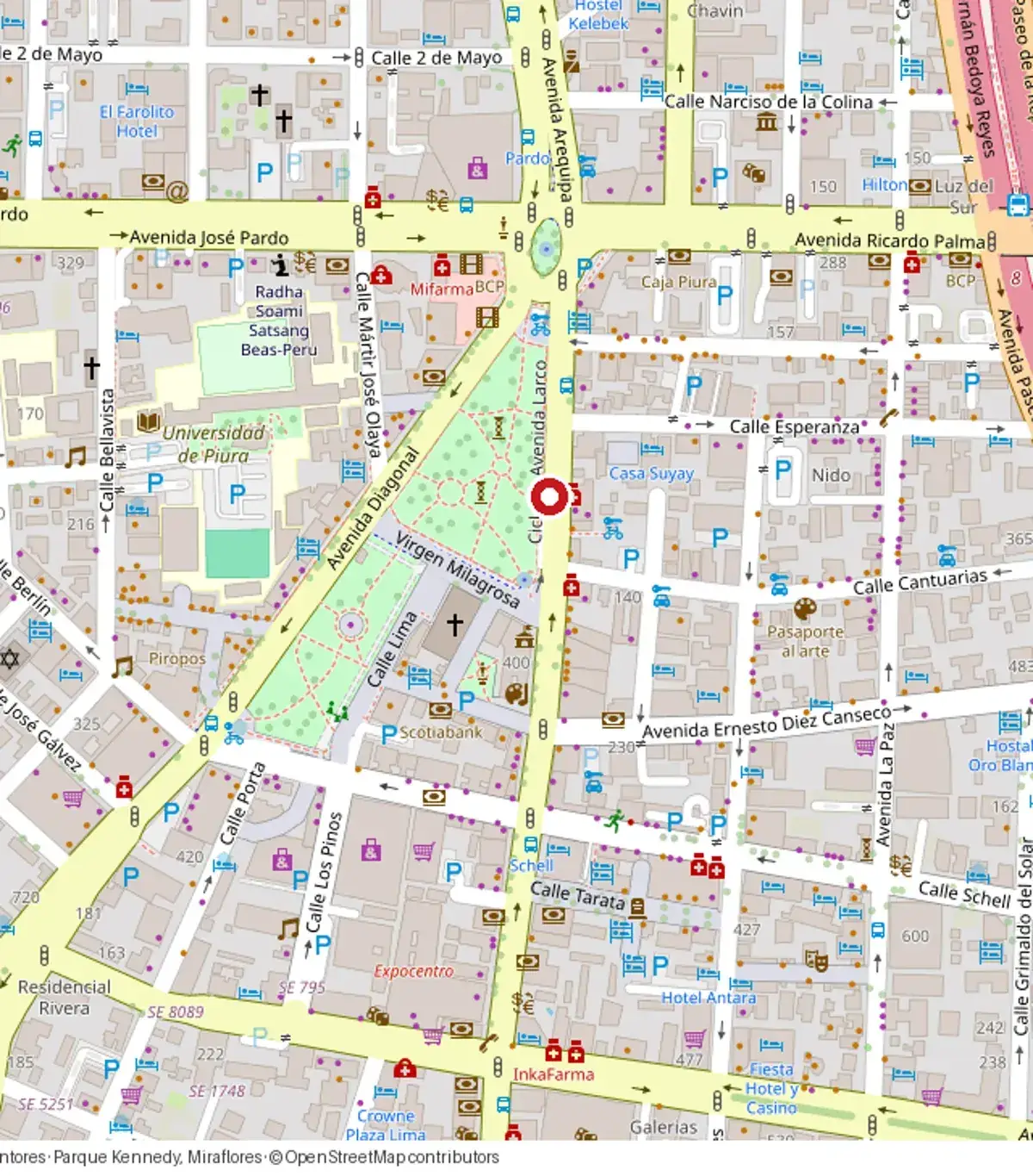 Mapa del Parque Kennedy con el pasaje Los Pintores marcado