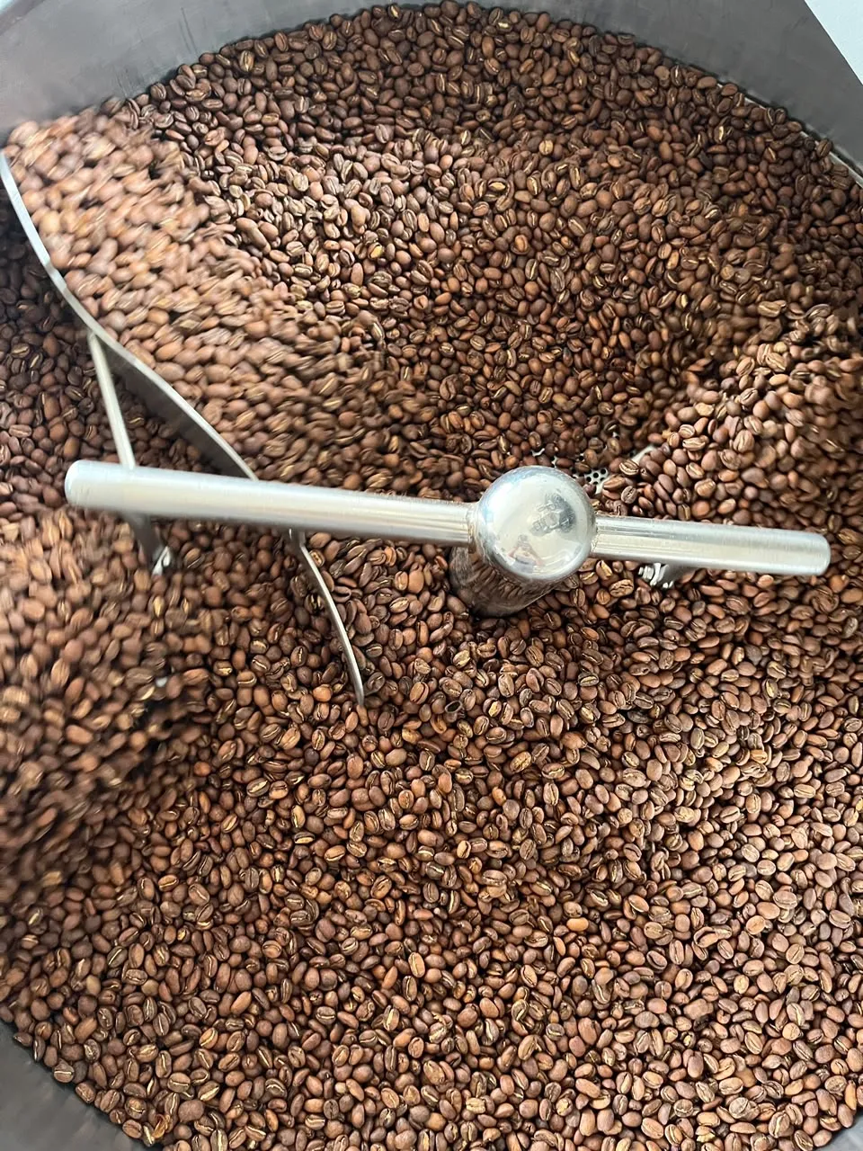 Granos de café recién tostados girando en el enfriador del tostador